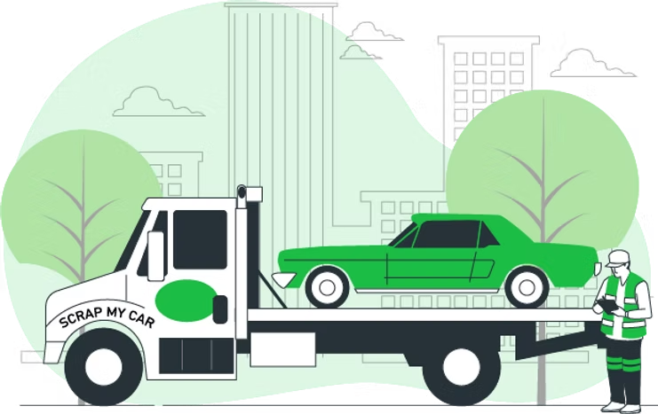 Professional scrap car pickup service with tow truck loading a green car